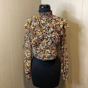 Z Zara Women’s Small Cropped Long Sleeve Elastic Turtleneck Ruffles Floral
